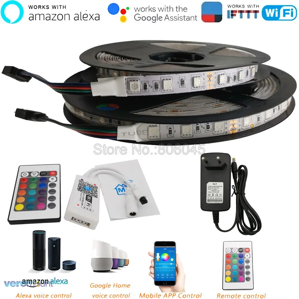 5 м 12 в 5050 набор гибких светодиодных лент RGB лента 60 светодиодный/м+ 24Key ИК пульт дистанционного управления WiFi ler Alexa Google Home Голосовое управление+ питание