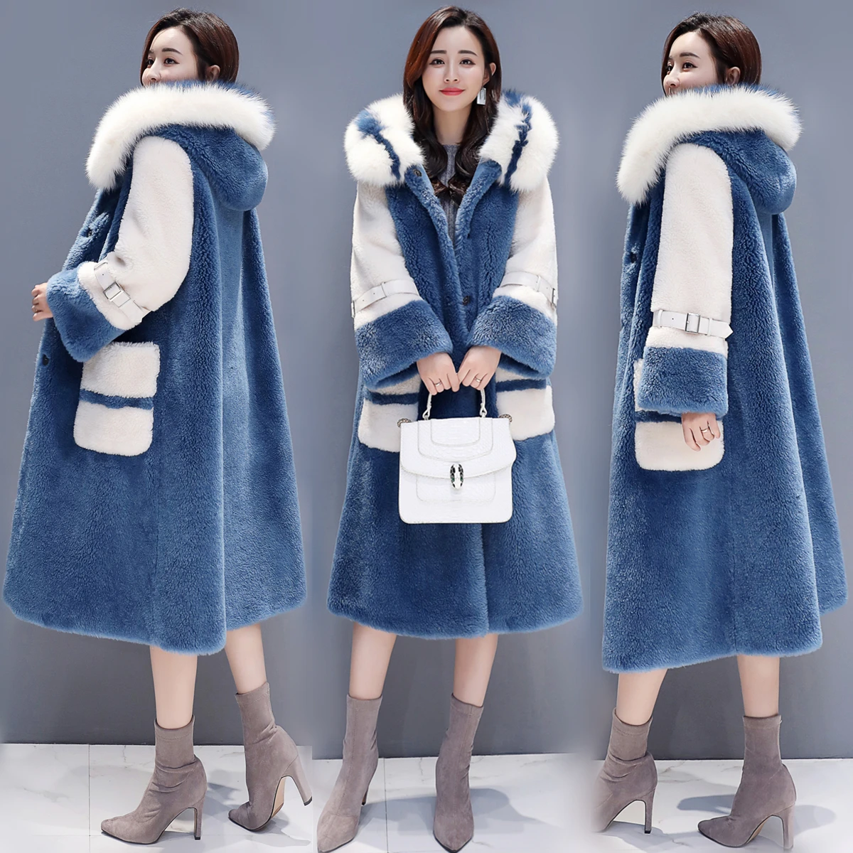 95% пальто с искусственным кроличьим мехом длинное зимнее пальто с меховым воротником женское Свободное пальто роскошное толстое теплое женское плюшевое пальто большого размера