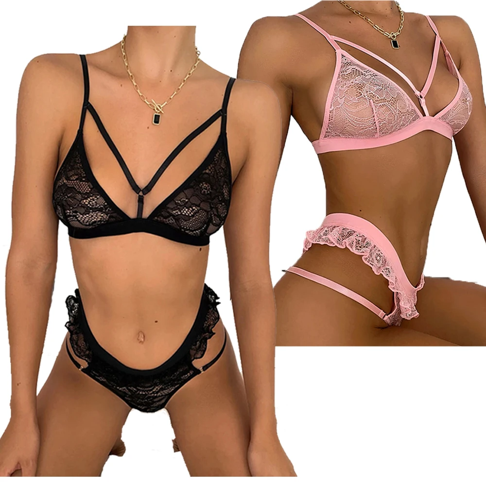 Womens Lace Thong Bra Set Push Up Bralette Underwire Tops See-through Underwear 