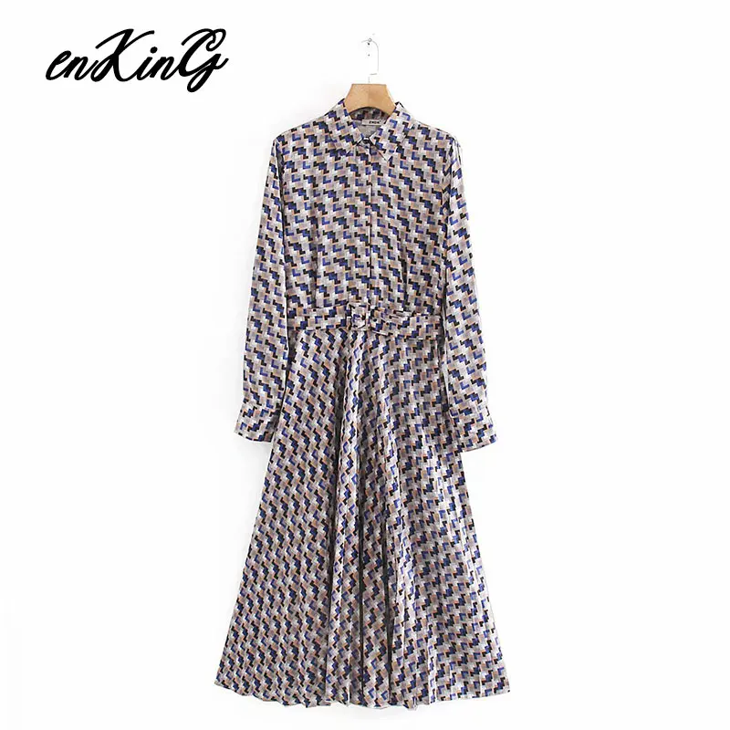 

2019 women stylish chic print maxi dress long sleeve sashes design side zipper female casual A line dresses vestidos