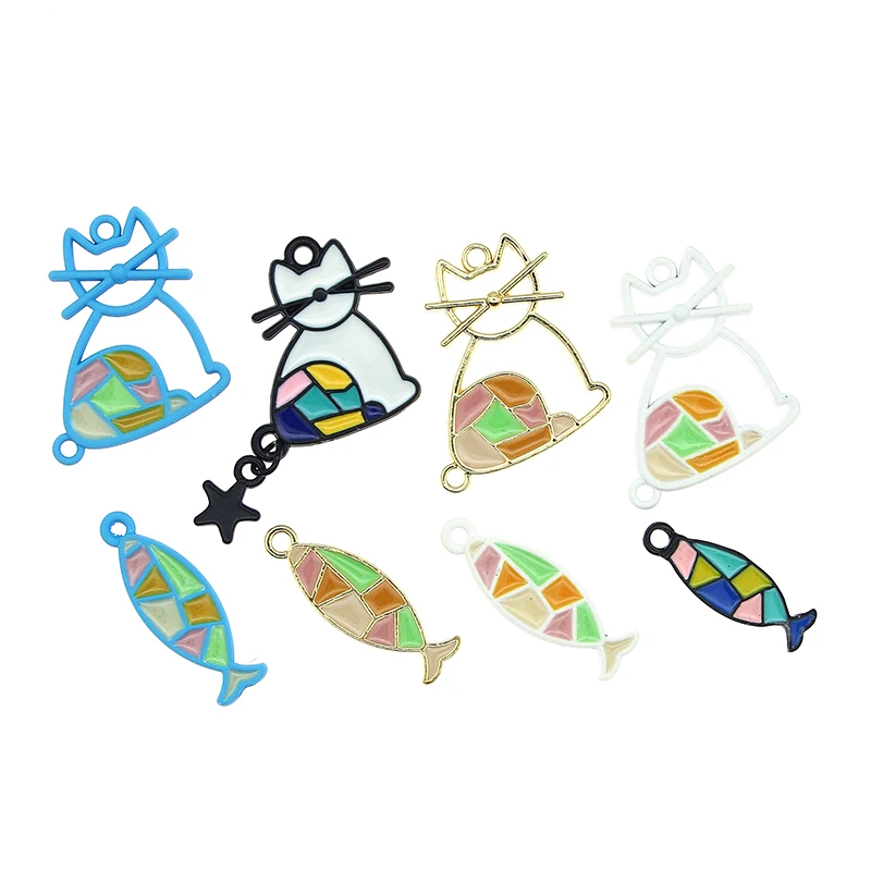 

10Pcs/Lot Enamel Cat And Fish Charms Pendants Metal Small Charm For DIY Earings Jewelrys Bracelets Accessories Making Finding