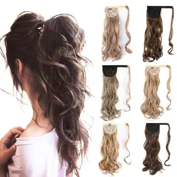 

Long Wave Ponytail Wrap Around Ponytail Clip in Hair Extensions Natural Hairpiece Headwear Synthetic Hair Brown Gray