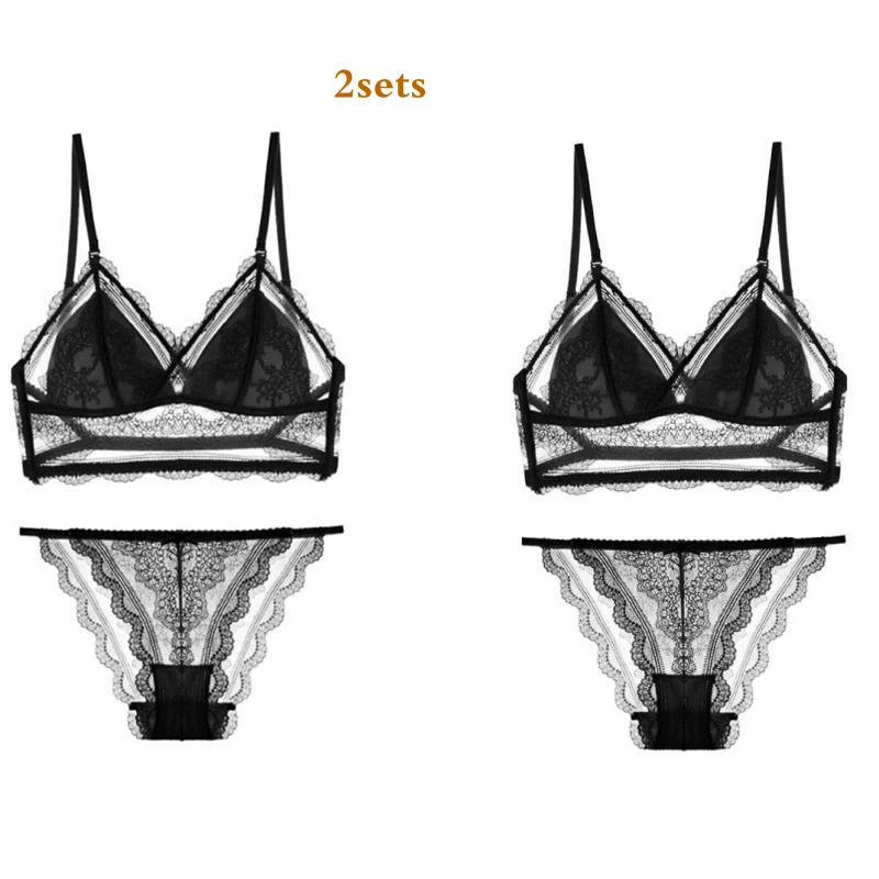 panty sets 2 Sets Sexy Lace Backless Bra Set Thin Cup Cross Straps Halter Triangle Bra Wireless Set Underwear Women Summer Bra and Panties panty sets