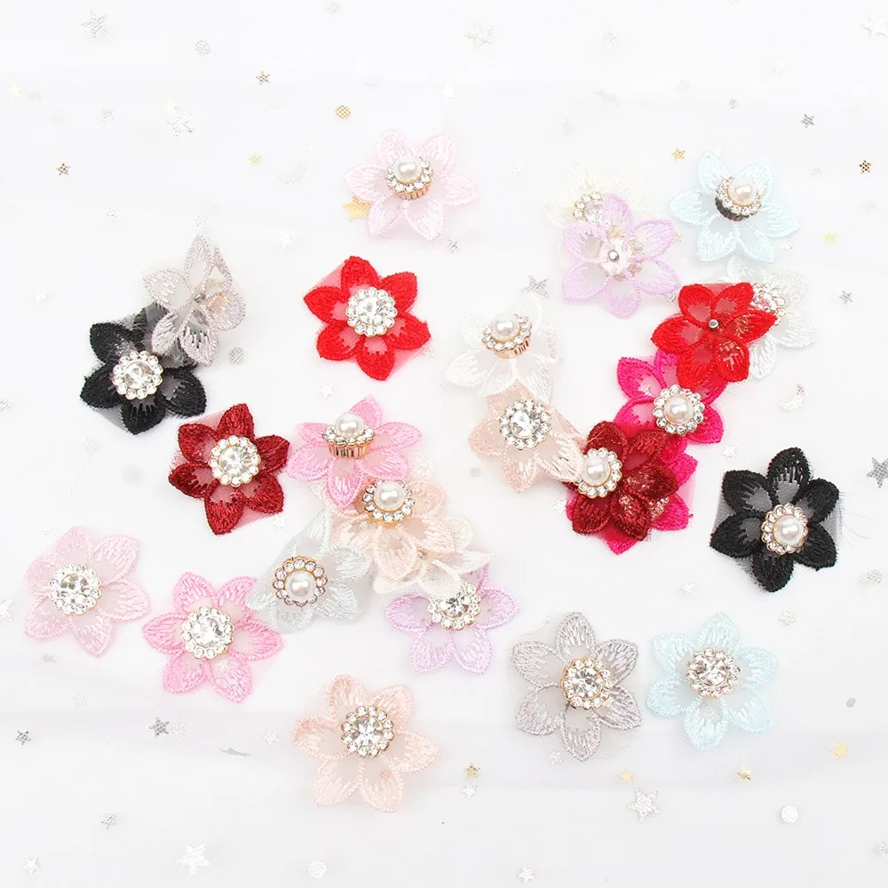 Cheer Bows 10pcs/bag Lace Flowers Patches Pearl Rhinestone Accessories DIY Headwear Accessories Dress Decor Supplies