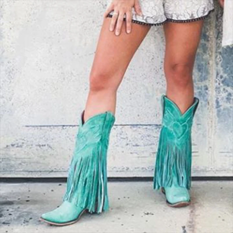 

Women Fashion Tassel Boho Boots Ladies Solid Color Pointed Toe Fringe Boots Women Mid Heels Shoes Mujer Ladies Boots 2019 New