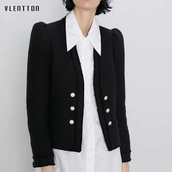 

2019 Autumn Sexy V-Neck Tweed Jackets Women Chic Diamonds Double Breasted Solid Short Jacket Coat Female Outwear Casaco Feminino