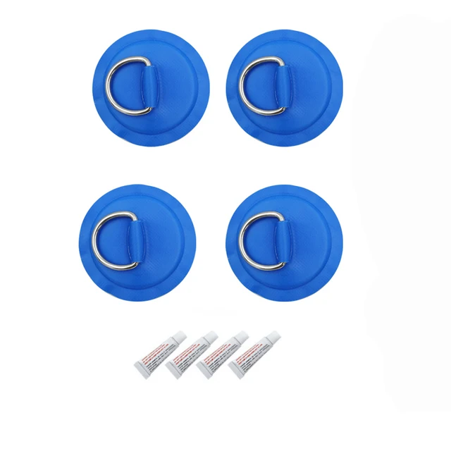 Surfboard Dinghy Boat PVC Patch With Stainless Steel D Ring Deck Rigging SUP Board Round Ring Pad with Elastic Bungee Rope Kit Blue with 4 Glues