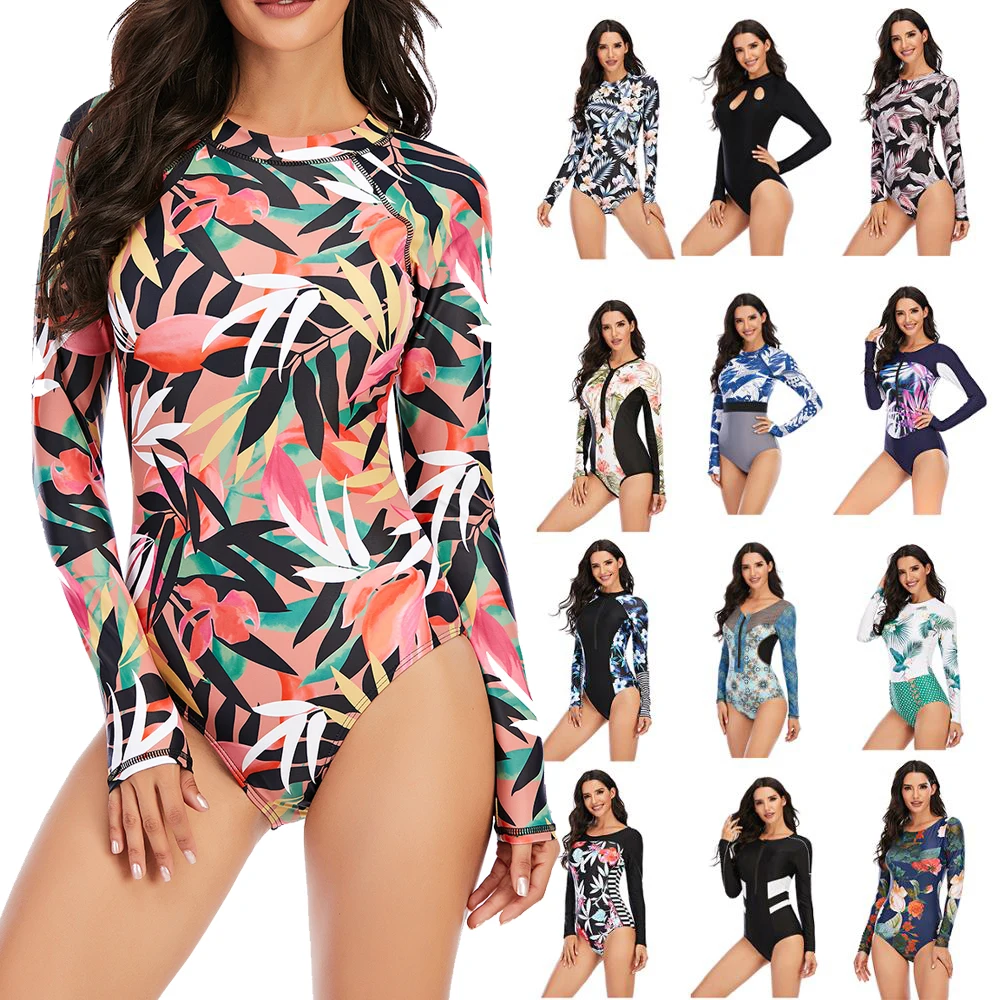 Women 2XL Diving Rashguard Long Sleeve UV Sun Protection Swimsuit Zipper Swimwear Printed Surfing Suit Rash Guards Bathing Suit