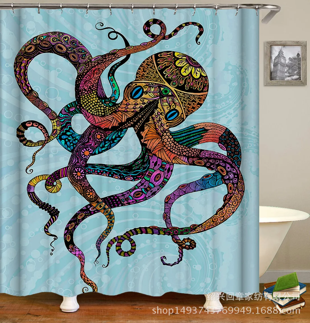 Bath Shadow Cool Digital Printing Shower Curtain Series Waterproof Mould Proof C- Shaped Plastic Hooks Pure tong kou yan Graphic