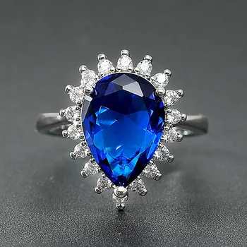 

Classical water drop blue crystal sapphire gemstones diamonds rings for women white gold silver color jewelry bague bijoux gifts