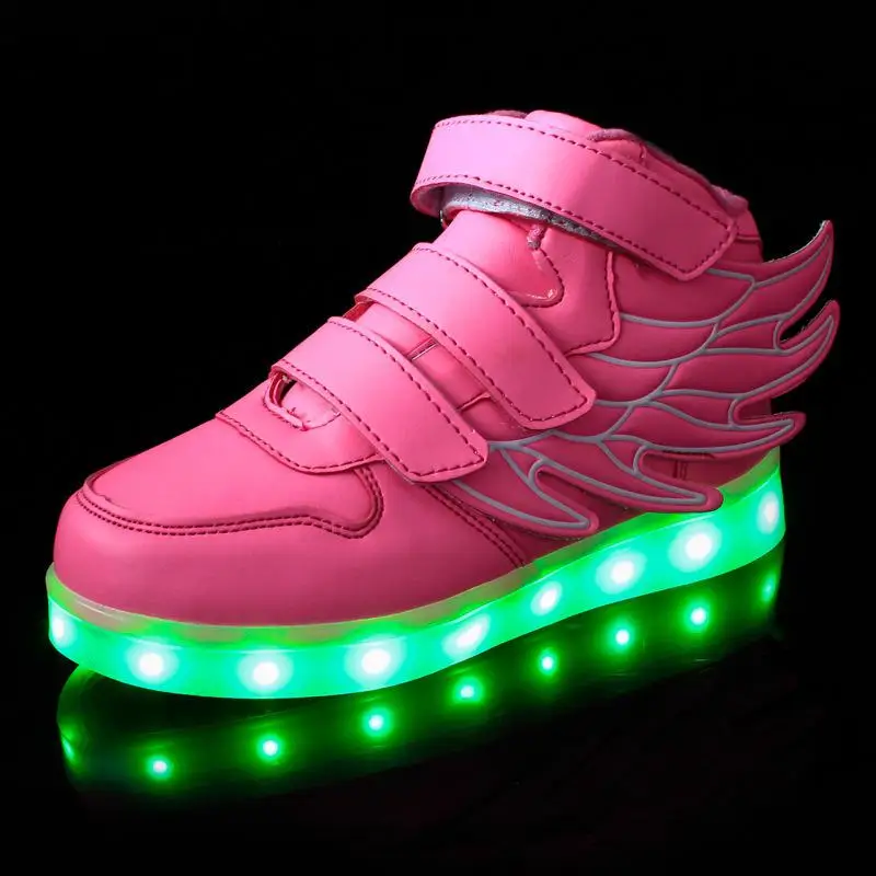 Детская милая зеленая светящаяся обувь из искусственной кожи удобная обувь на плоской подошве с крылышками на высоком каблуке для мальчиков Корейская версия, нескользящая флуоресцентная обувь - Цвет: Hot Pink