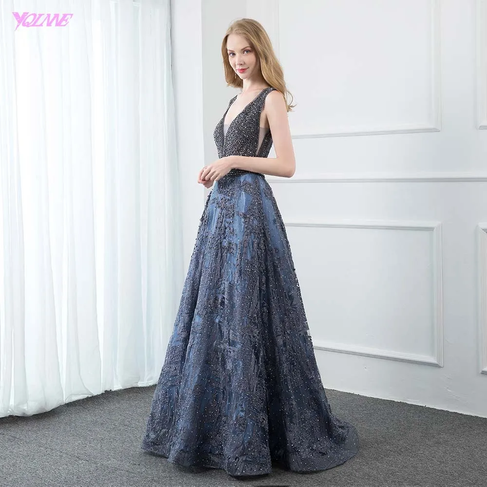 Элегантное темно-синее кружевное вечернее платье с вышивкой, длинное вечернее платье с v-образным вырезом и кристаллами, вечернее платье без рукавов, YQLNNE