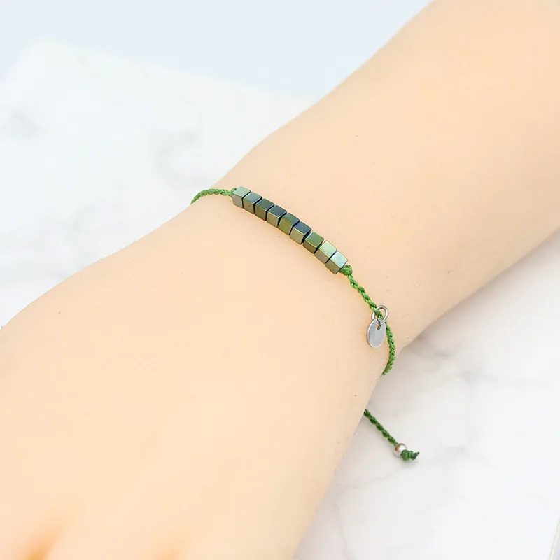 

Colorful Hematite Small Cubes Charm Bracelet for Women Men Lucky String Friendship Stainless Steel Round Charm Wish Jewelry