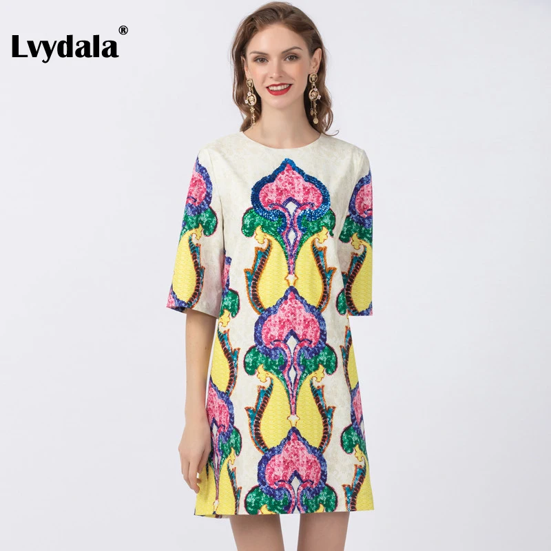 Lvydala, модное дизайнерское платье, весна-лето, женское платье, рукав до локтя, с принтом, стильное, расшитое бисером, с блестками, свободные платья для вечеринок