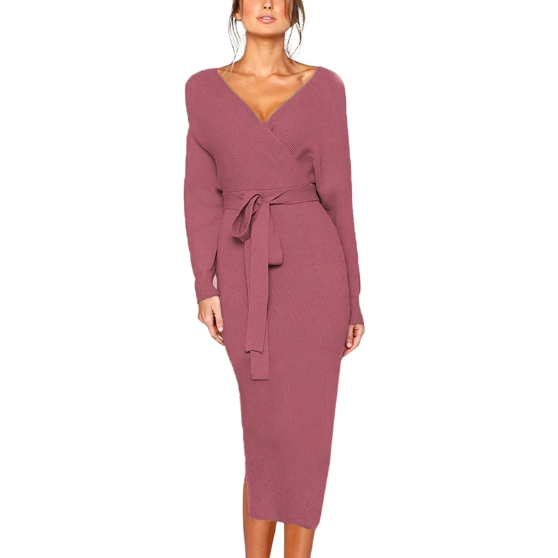 Women  Sexy V-neck Women Dress Autumn Winter Long Sleeve Bandage Dress Lady Slim Tight High Streetwear Solid Dress ！！！