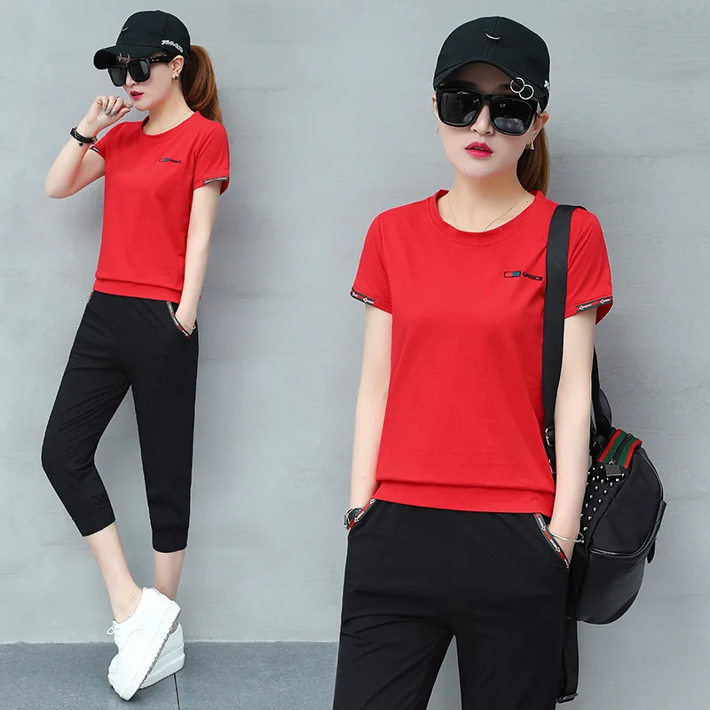 

Sports Clothing Set Summer 2018 New Style Casual Two-Piece Set-Style Embroidery Short Sleeve Capri Harem Pants Business Attire W