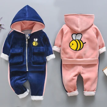 

Baby clothes winter new children's suit cartoon bee hooded sweater baby girl gold velvet thick warm two-piece baby boy clothing