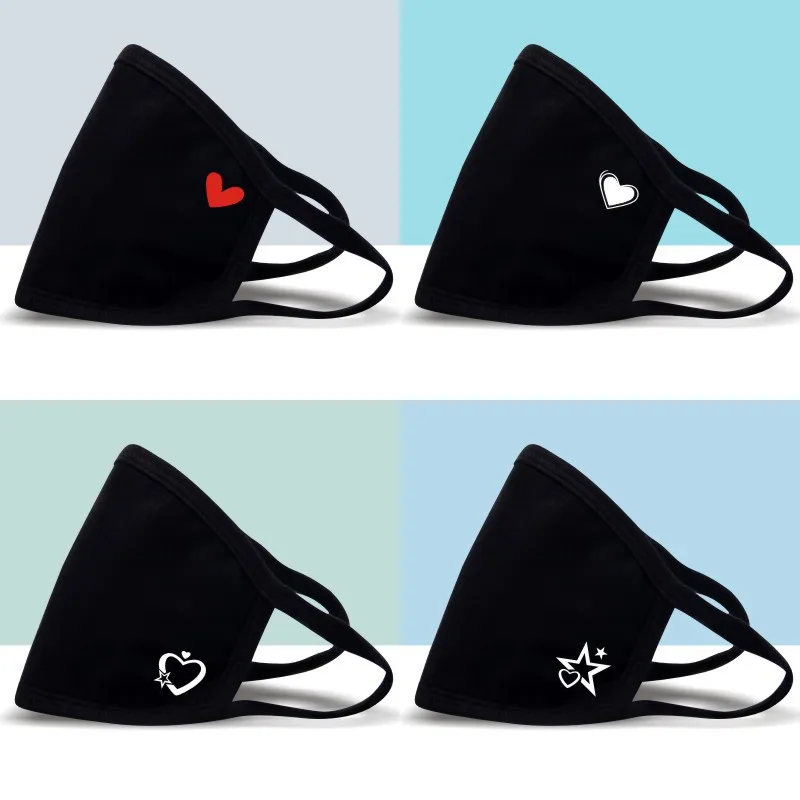 1PCS Black Dustproof Mouth Mask Heart Print Cotton Face Mouth Mask Cartoon Face Reusable Fabric Anti Pollution Black Mask