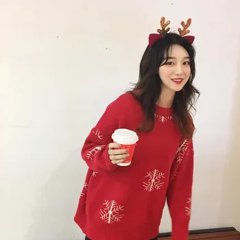 

Christmas Women Red Sweaters Oversize Knitted Loose Kawaii Warm Pullover Long Sleeve Harajuku Pull Femme Autumn Winter Jumpers