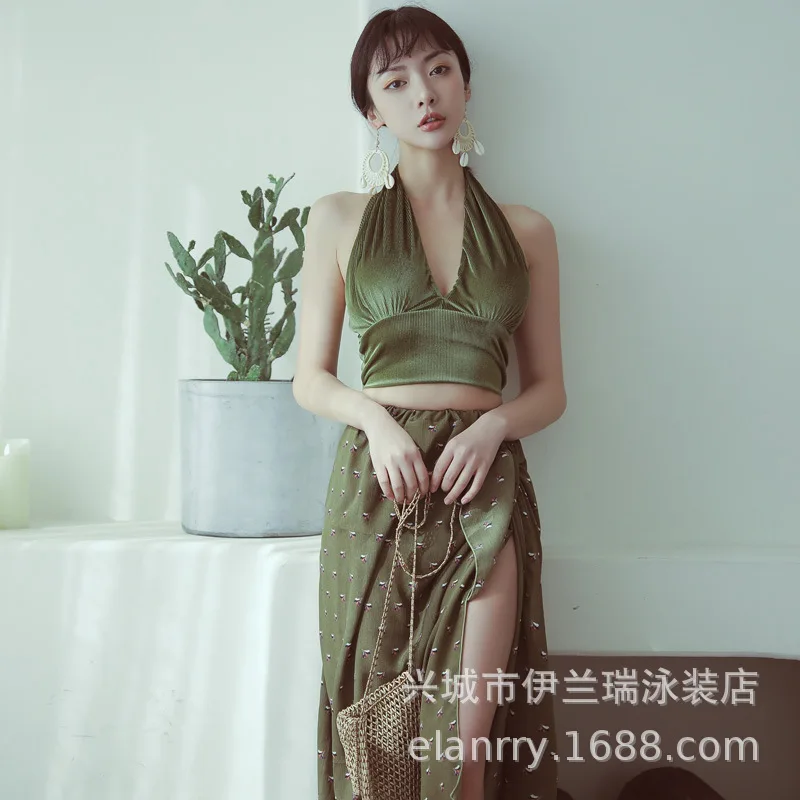 

New Style Bathing Suit Women's South Korea Split Type Bikini Tour Bathing Suit Velvet Push up Skirt Sexy Hot Springs Three-piece