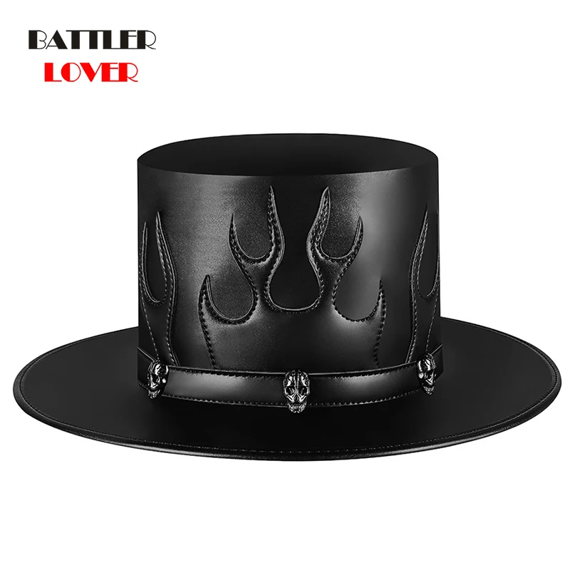 2021 Steampunk Flame Hat Adult Black Rivet Leather Halloween Skull Plague Doctor Flat Hat Steampunk Gothic Cosplay Costume Props