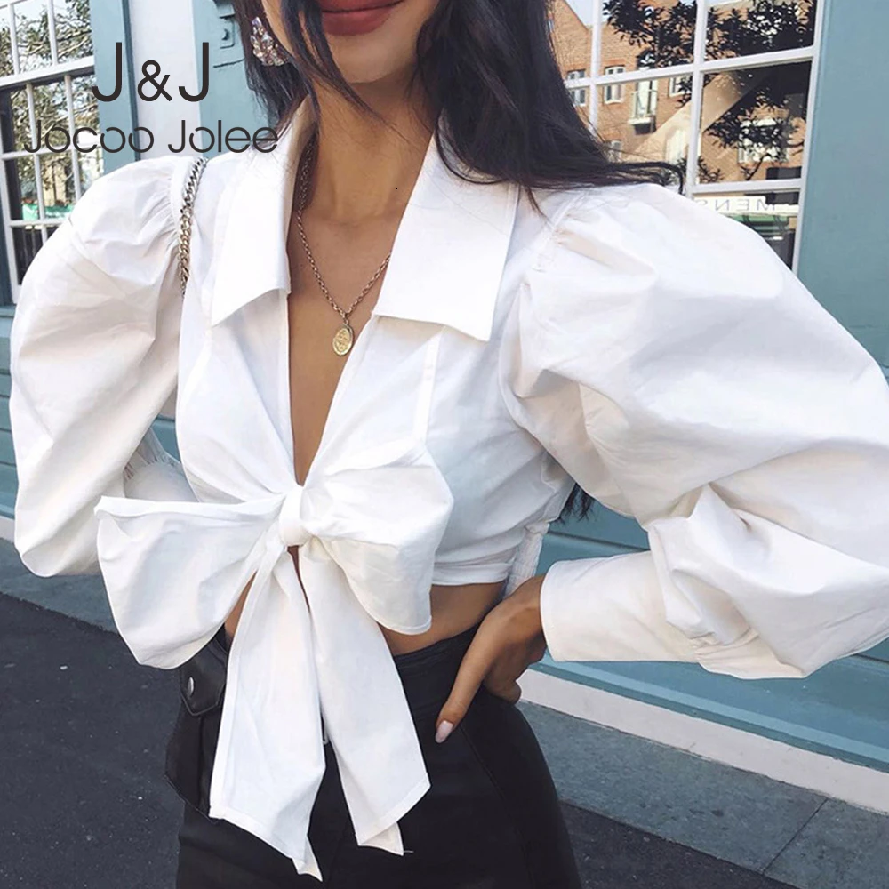 

Jocoo Jolee Women Fashion Puff Sleeve V Neck Lace Up Bow Blouses Female Retro Cropped Shirts Casual High Street Blusas 2019