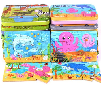 

New 1 Set Wooden Puzzle Toys with Iron Box Kids Cartoon Animal Wood Puzzles Educational Toys for Children Christmas Gift