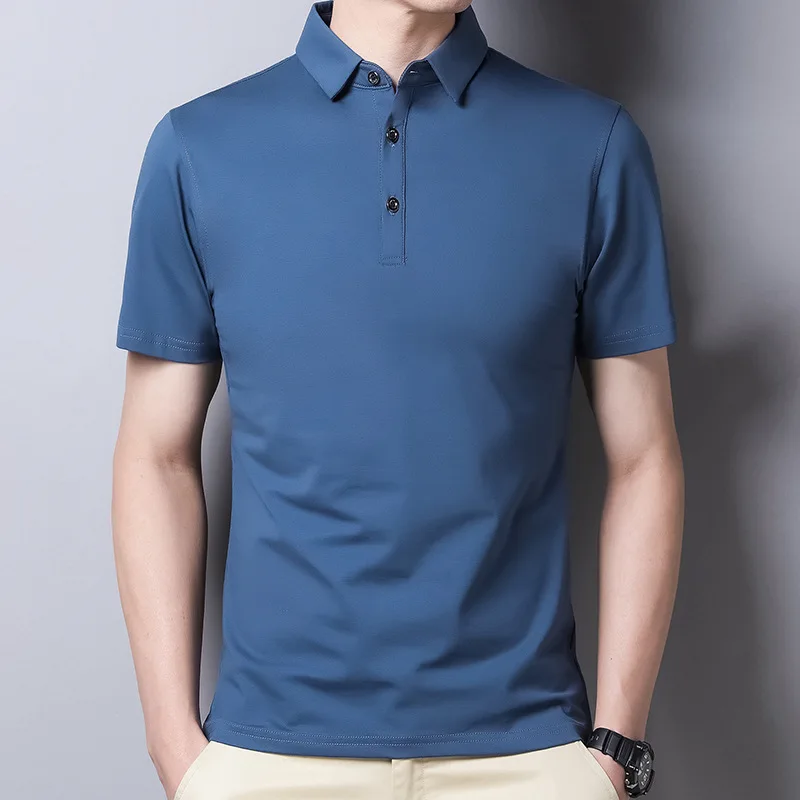 

New men's slim ice mercerized cotton cool casual lapel short-sleeved T-shirt trend solid color Paul business polo shirt for men