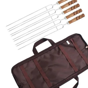 

5 Pcs/Set BBQ Forks Stainless Steel Wood Handle Meat Skewer Tool for Travel Camping Barbecue Picnic C66
