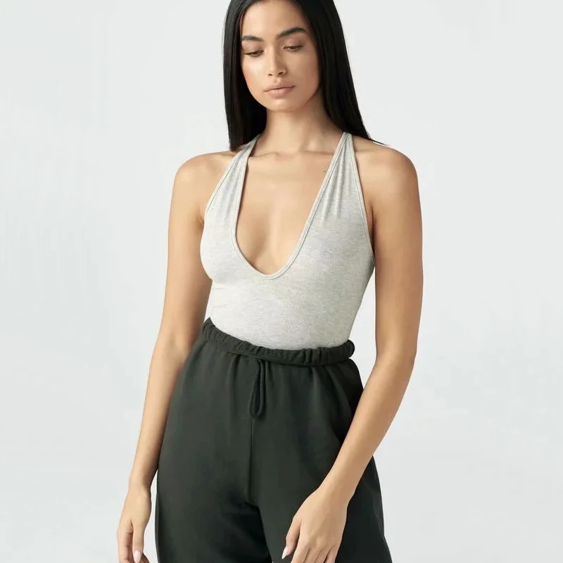 Mujeres Plunge Neck Tank traje de costilla con espalda de corredor
