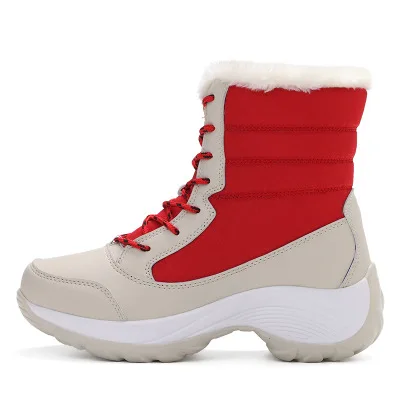 Г., зимние ботинки женская зимняя короткая плюшевая обувь повседневная обувь на платформе без шнуровки Водонепроницаемые кожаные ботинки на танкетке - Цвет: Красный