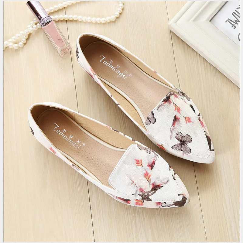 Fashion printing pointed toe loafers women flat heel shoes casual shoe woman Plus size 33-43