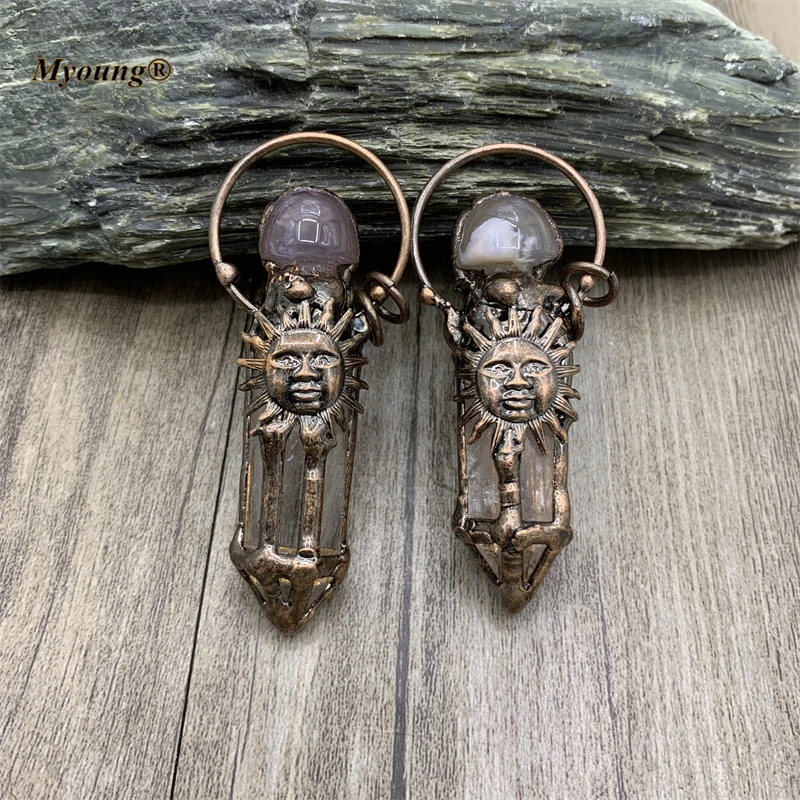 Handmade Hexagonal Column Crystal Quartz Sun Vintage Pendant,Cherry Agates Cap Stone Charm Bohemia Jewelry Accessories MY210654