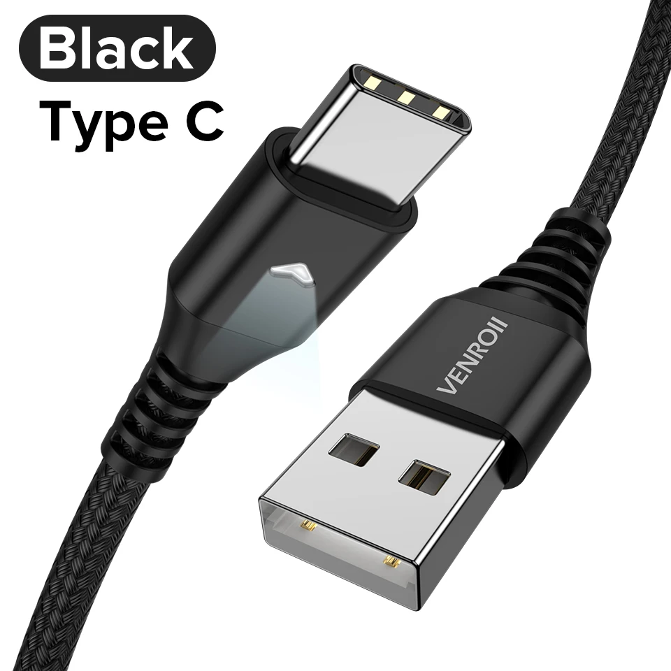 Black Venroii usb type-C кабель для samsung S10 S9 S8 huawei P30 Pro Быстрая зарядка type-C зарядный кабель usbc для samsung A50 - Цвет: Black