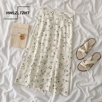 

HWLZLTZHT High Waist Print A Line Skirt Europe Women Elegant High Waist Chiffon Skirt Summer Female Casual Boho Green Skirt