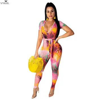 

Party Jumpsuit Tie Tye Snakeskin Print Bandage Sexyv Neck Short Sleeve Slim Romper Night Clubwear Party Overalls Women Bodysuits