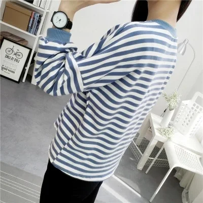 

2019 New style Korean-style autumn Loose and plus-sized pullover Top versatile college style dolman sleeve striped T-SHIRT