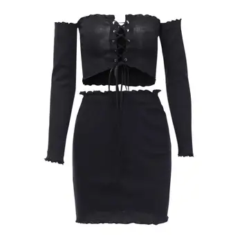 

2019 Women Slash Neck Long Sleeve Backless Mini Set Hollow Out Lace Up Crop Set Sexy Clubwear Slim Short Sexy Two Piece Sets