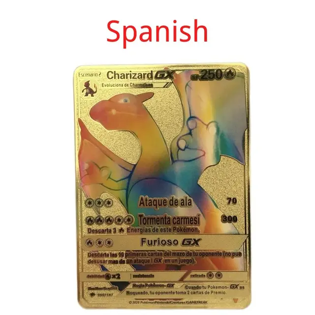 Spanish Pokemon Metal Card Pikachu Fire-breathing Dragon VMAX Gold V/GX/OX Card Toys Play Games Collection Card Children's Gifts 8