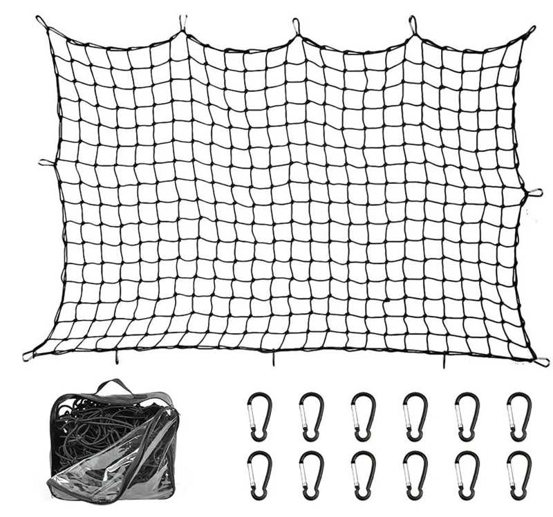 

Super Duty Bungee Cargo Net For Truck Bed Stretches To 12 Tangle-Free D Clip Carabiners | Small Mesh Holds Small And Large Loads