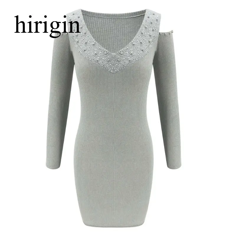 Женское облегающее мини платье с открытыми плечами длинным рукавом и V образным