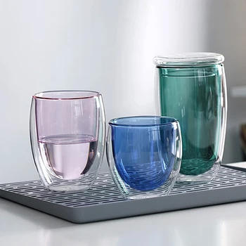 

Color double cup Coffee Cup round cup glass cup heat resistant flower tea cup tea cup transparent heat insulation milk cup