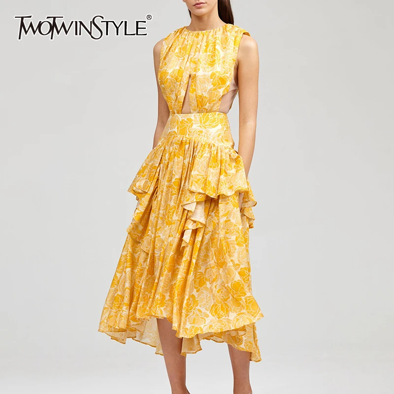 TWOTWINSTYLE Elegant Print Dress Women O Neck Sleeveless High Waist Hollow Out Ruffles Irregular Hem Dresses Female Fashion Tide TWOTWINSTYLE Elegant Print Dress Women O Neck Sleeveless High Waist Hollow Out Ruffles Irregular Hem Dresses Female Fashion Tide