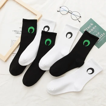 

New woman Cotton Sports Socks Breathable Compression Long Solid Black White Socks Winterembroidery moon Harajuku Style Gifts