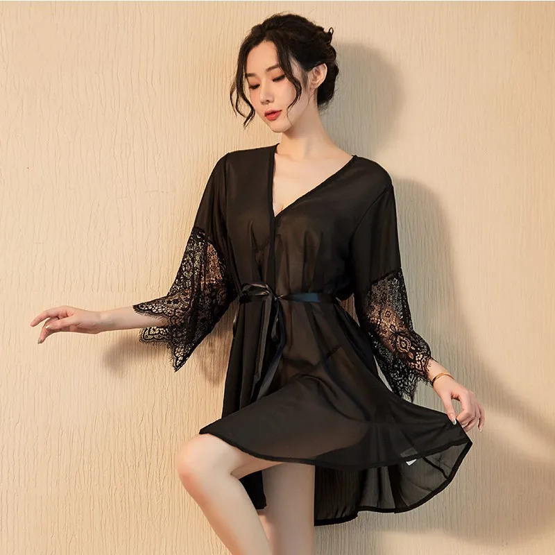 Silk Robe Sleepwear Bath Robe See Through Lace Terry Bridesmaid Shower Robes Sexy Lingerie Women's Home Clothes Sleep Tops