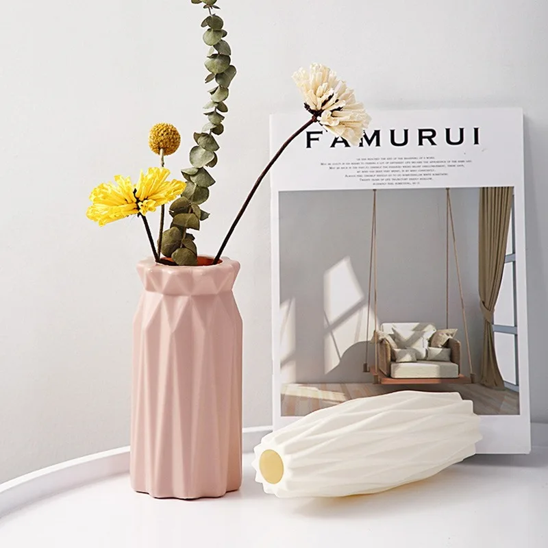 Modern Flower Vase White Pink Plastic Vase Flower Pot Basket Nordic Home Living Room Decoration Ornament Flower Arrangement