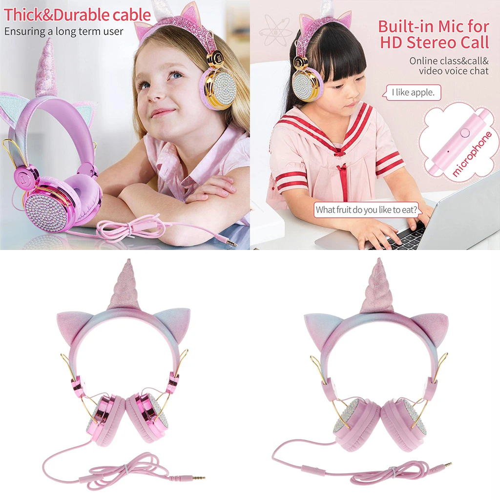 Unicorn Cartoon Glitter Kids On Ear Headphone with Microphone for Girls