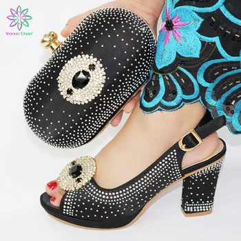 

Strange heels soft leather shoes free shipping Italian shoes and bag matching set in wedding and party good quality black color