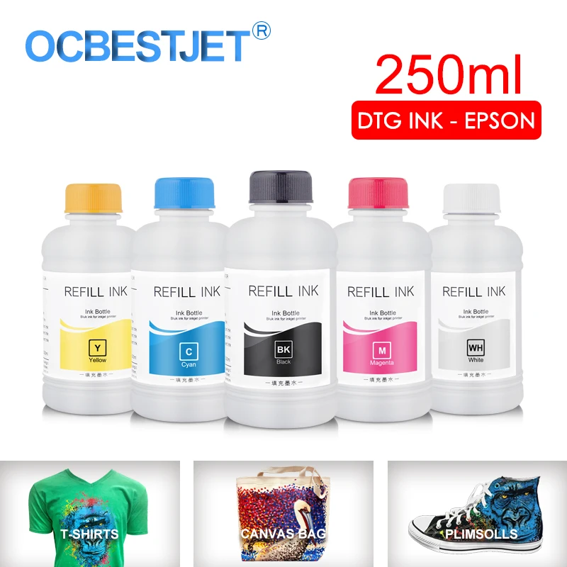 Чернила DTG для принтера Epson DX5 DX7 R330 1390 1400 R1900 R2000 F2000 F2100 (BK C M Y White Pretreatment) 250