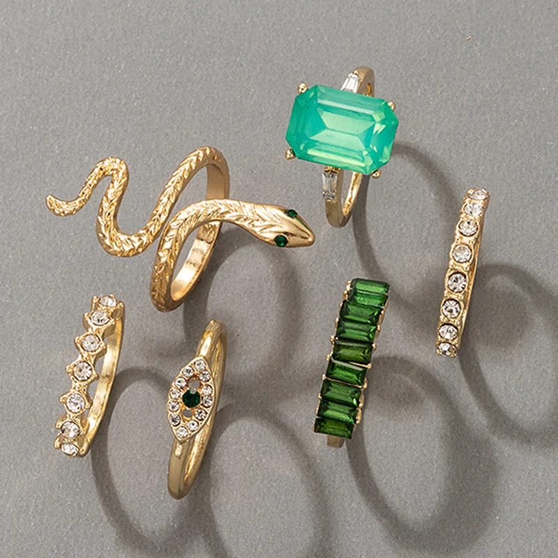 Ring Set Finger Ring Adjustable Rings Zircon Crystal Ring Animal Ring docona 6pcs/set Luxury Green Rhinestone Rings for Women Vintage Crystal Snake Adjustable Metal Ring Set Jewelry